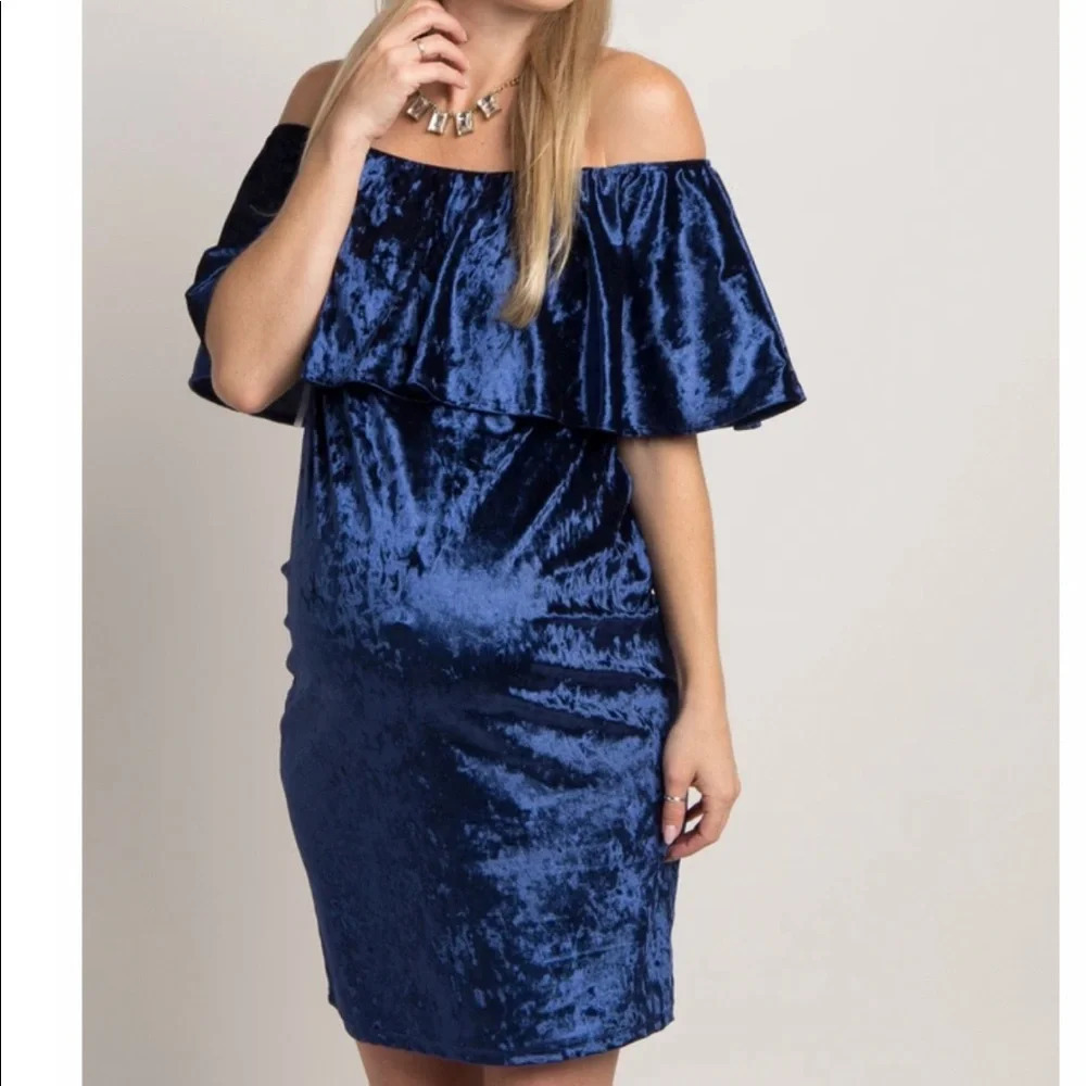 New* Pinkblush Navy Crushed Velvet‎ Off Shoulder dress
